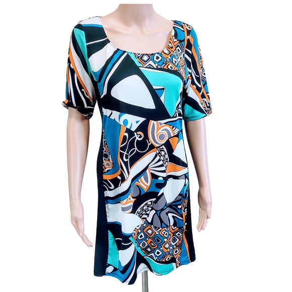 EUC KATHERINE BARCLAY GEOMETRIC BLACK/WHITE/GREEN POLY/SPANDEX SHEATH DRESS S/P - Picture 3 of 8